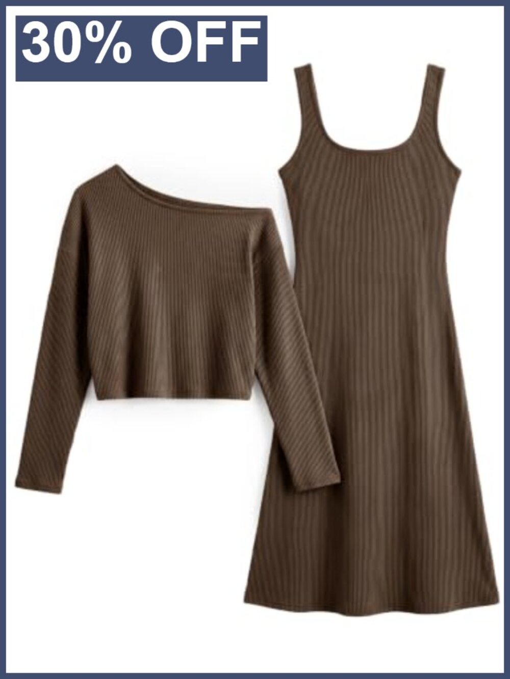 Ribbed Knit 2-Piece Sweater Dress Set Long Sleeve Crop Top & A-Line Tank Dress